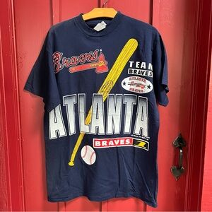 Vtg 90s Atlanta Braves T-Shirt Men's Large Lou Brock 1997 Big Graphic Navy Blue